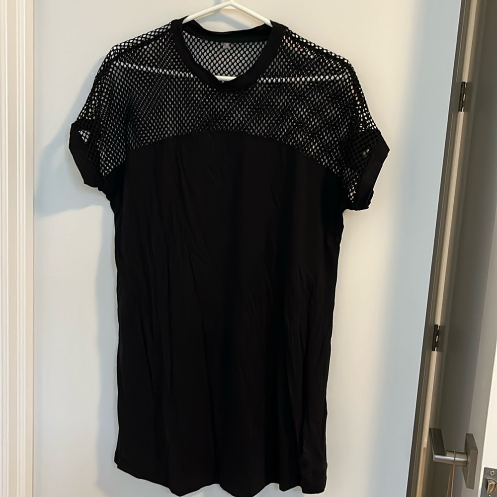 Black Cotton Tshirt Dress w/ Mesh Detail